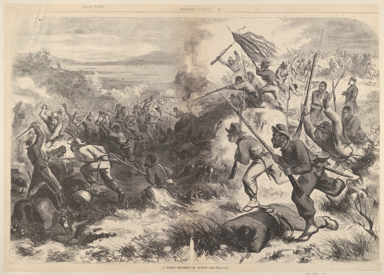 Et svart regiment i aksjon fra Harpers Weekly, 14. mars 1863. av Thomas Nast