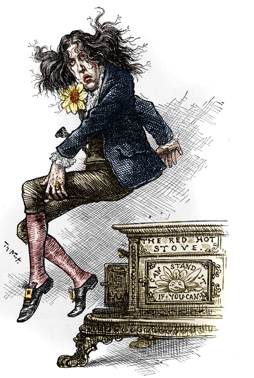 Tegneserie av Oscar Wilde (1854-1900), kledd i dandy, laget under hans reise til USA i 1882. Tegning av Thomas Nast (1840-1902) i "" Harper