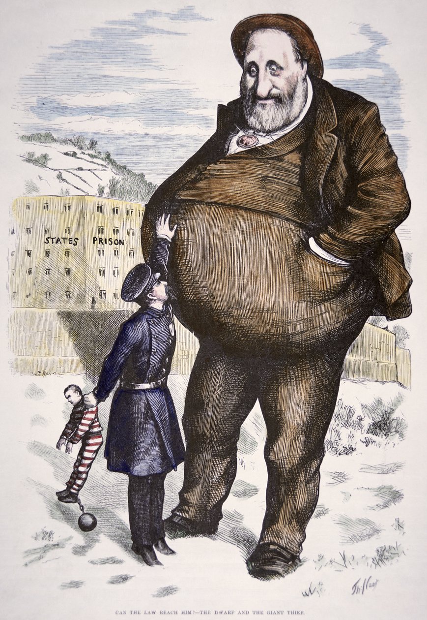 Tegneserie med William Marcy 'Boss' Tweed (1823-78) fra 'Harper's Weekly', 6. januar 1872 (farget gravering) av Thomas Nast
