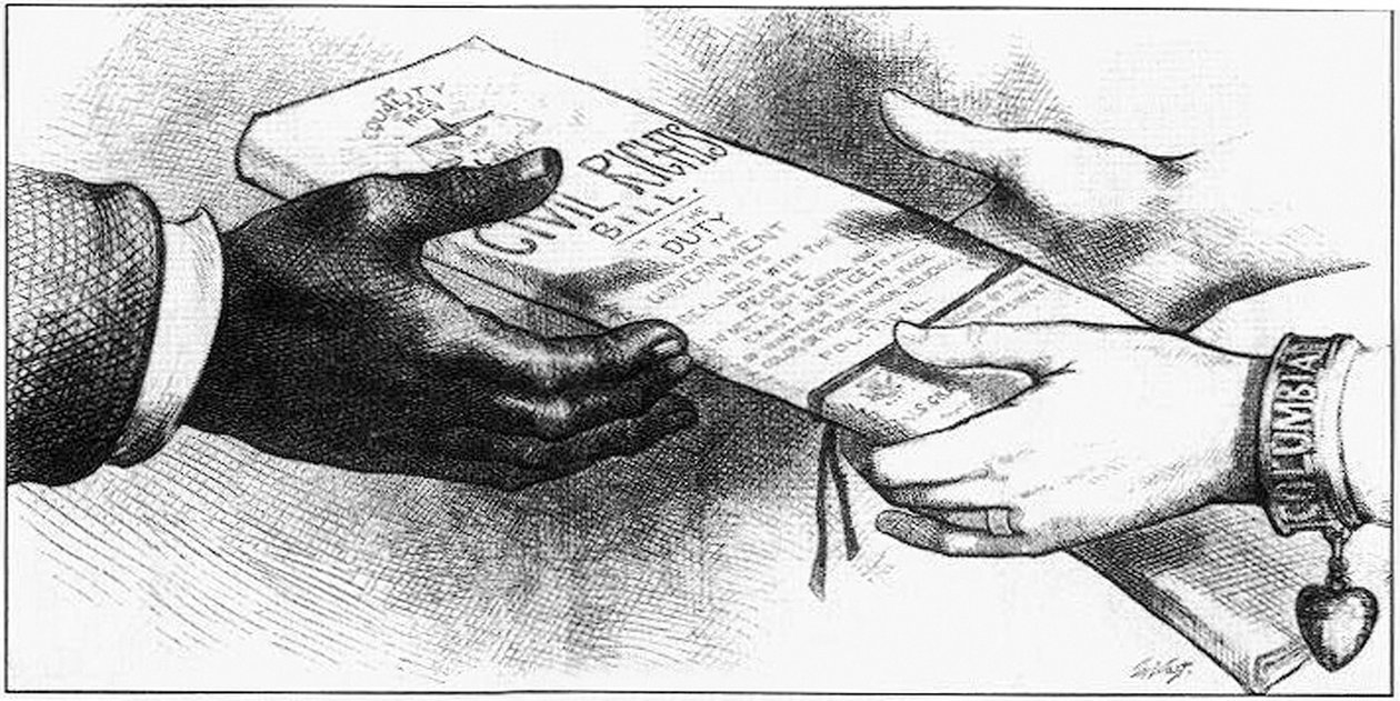 Tegneserie av 'The Civil Rights Bill' publisert i magasinet 'Harper's Weekly', 24. april av Thomas Nast