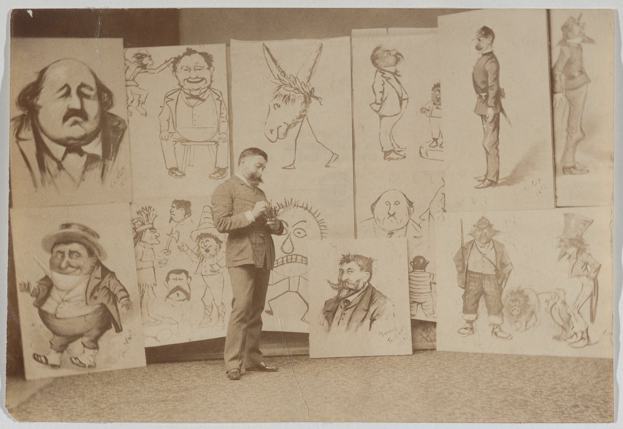 Portrett i helfigur av Thomas Nast med en gruppe karikaturer av Thomas Nast