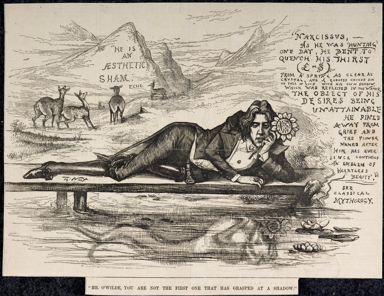 Oscar Wilde som Narcissus (med en inskripsjon) (gravering) av Thomas Nast