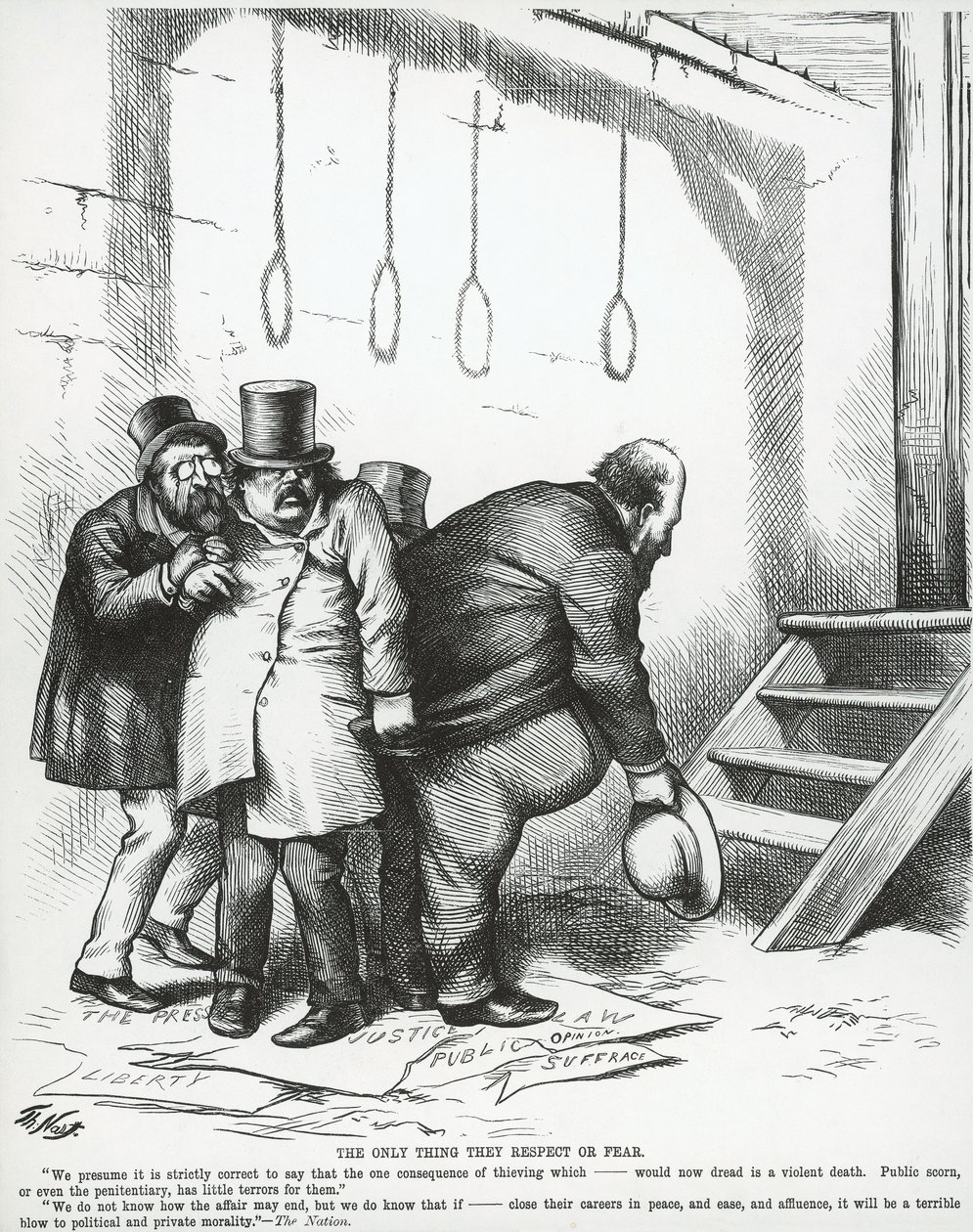The Only thing they Respect of Fear, fra 'Harper's Weekly', 21. oktober 1871 (gravering) William M.'Boss' Tweed klemmer figuren til Samuel J. Tilden, fra 'Harper's Weekly' av Thomas Nast