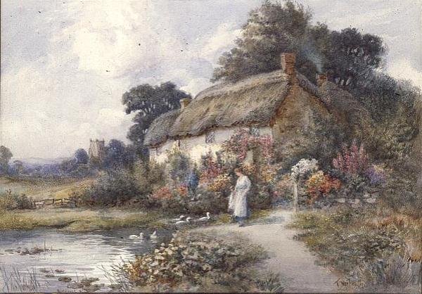 Hytte med stråtak, Ringwood, Hampshire (akvarell) av Thomas Noelsmith
