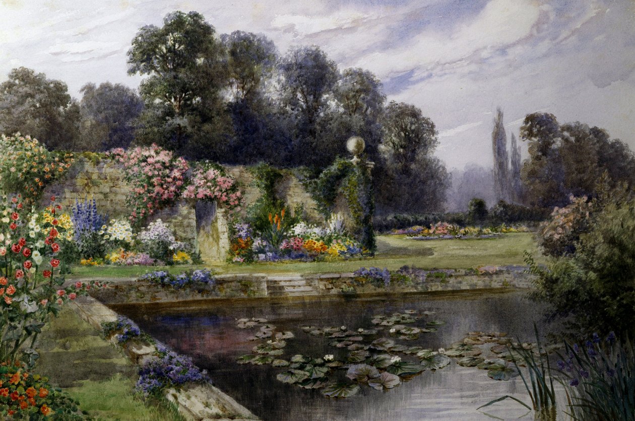 Vannliljedammen. Vannliljer i en dam i en stor hage. Maleri av T. Noelsmith (1840–1900) Privat samling av Thomas Noelsmith