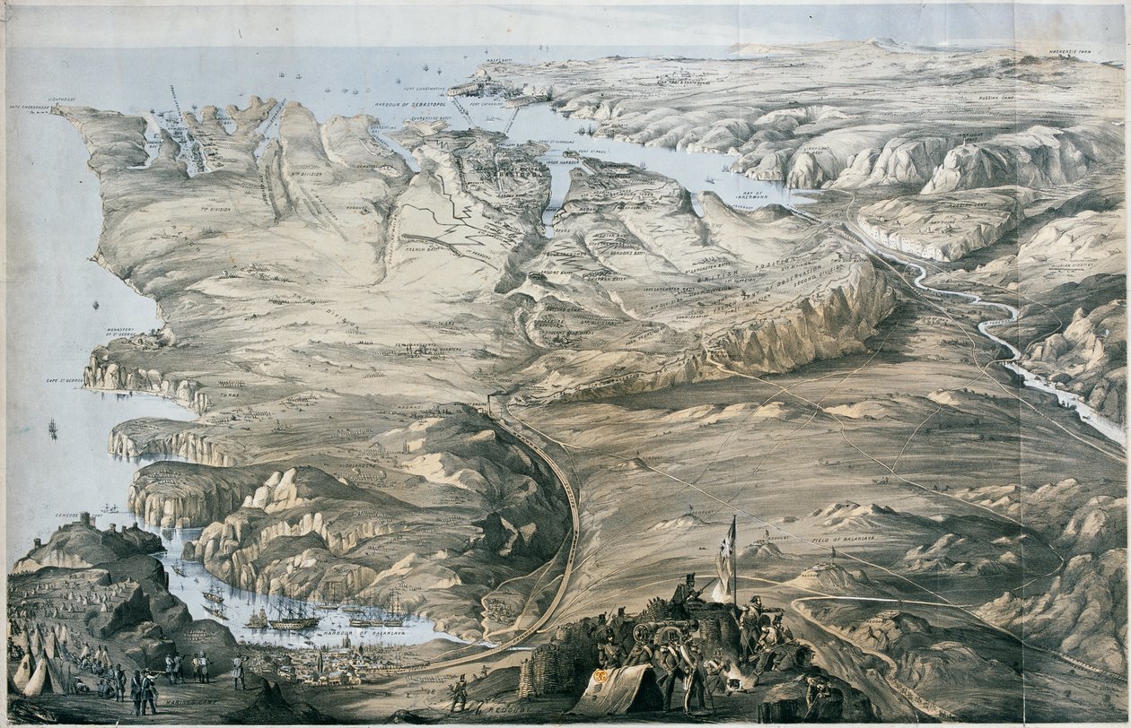 Panoramautsikt over forskansningen til de allierte hærene i England og Frankrike før Sebastopol (litografi, tonet) av Thomas Packer