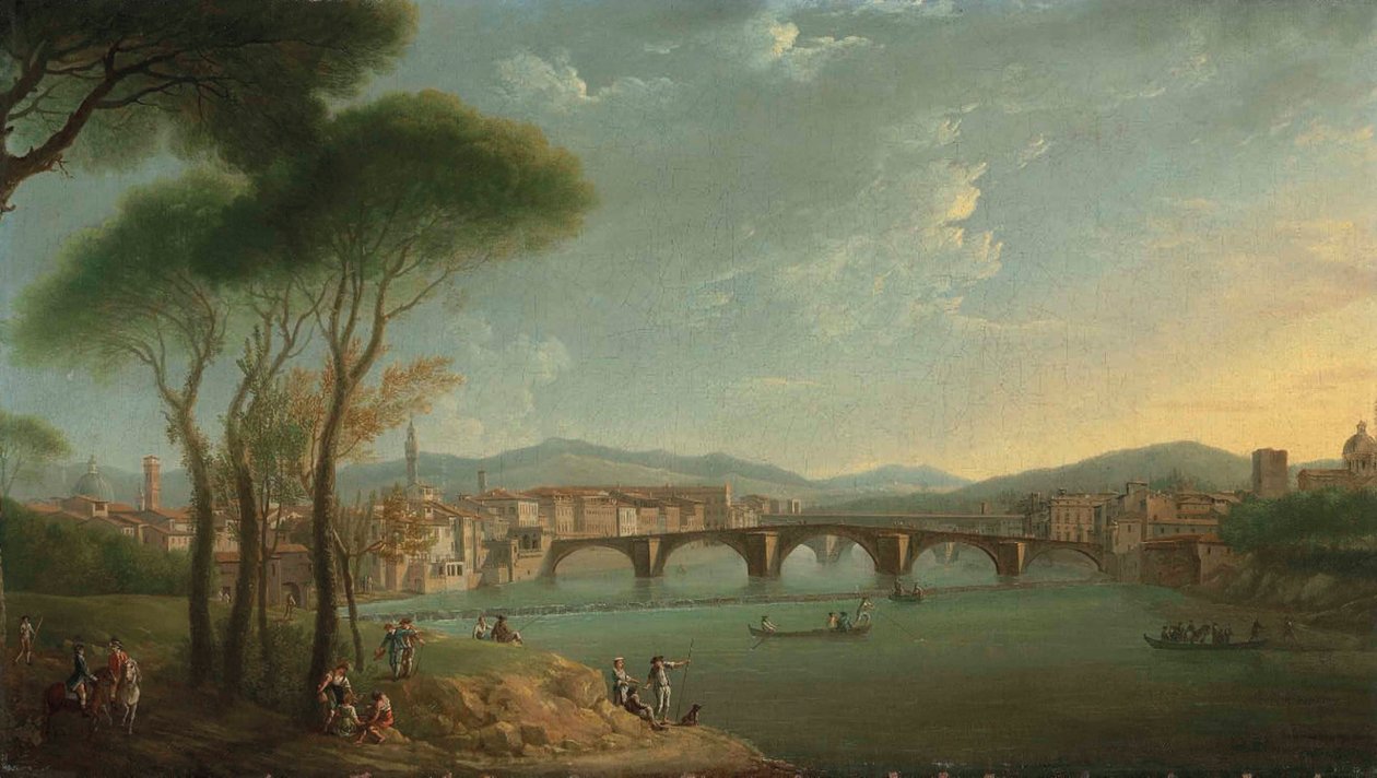 En utsikt over Arno, Firenze, fra Cascine Gardens, med figurer som fisker og hviler på steinene i forgrunnen, Ponte alla Carità og Ponte Vecchio utenfor av Thomas Patch