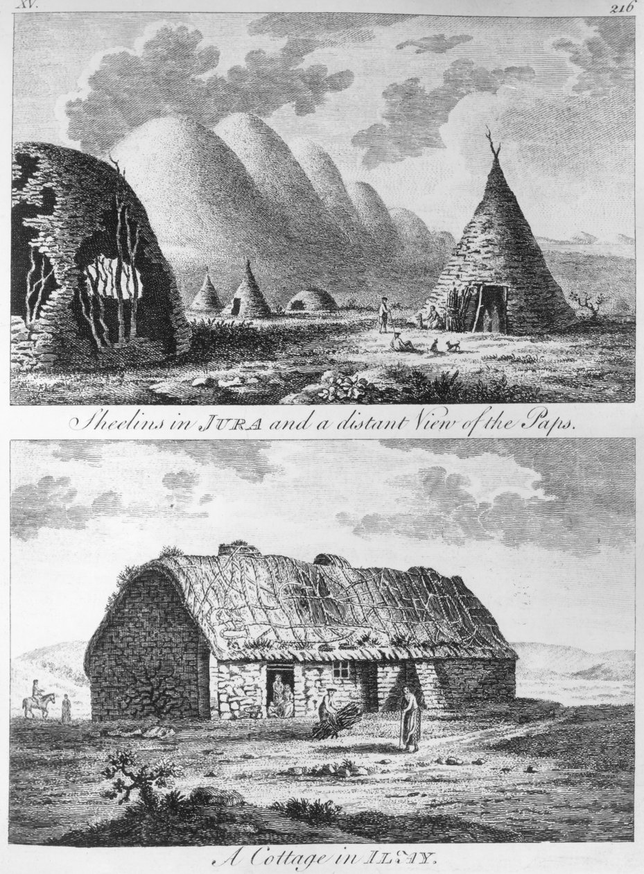 Sheelins i Jura og en fjern utsikt over Paps and A Cottage of Islay, fra 'A Tour in Scotland, and voyage to the Hebrides' 1772 av Thomas Pennant