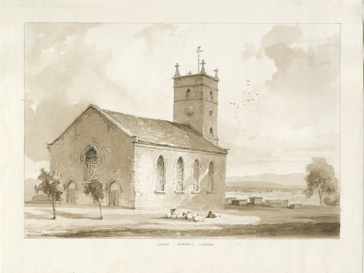 (Nedre) Gornal kirke: sepia tegning av Thomas Peploe Wood
