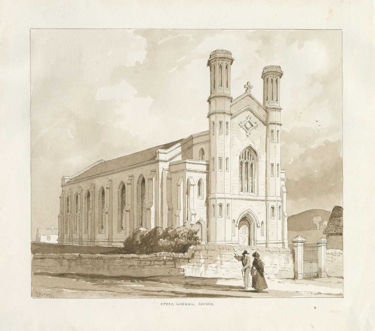 (Øvre) Gornal kirke: sepia vasketegning av Thomas Peploe Wood