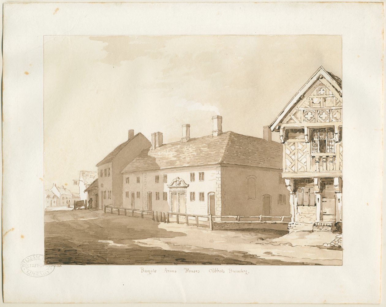 Abbots Bromley Almshouses: sepia vask tegning av Thomas Peploe Wood