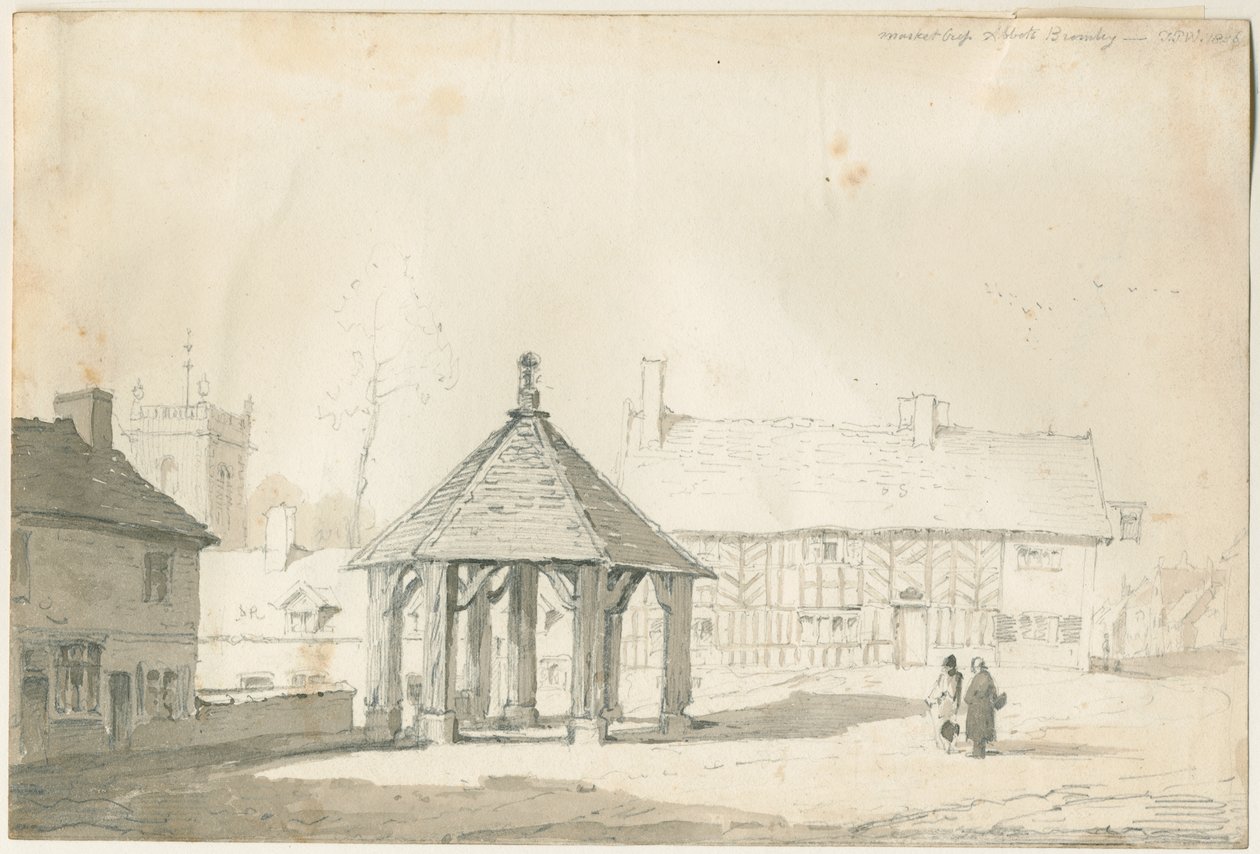 Abbots Bromley Tudor - Market Cross and House: blyant- og vasketegning av Thomas Peploe Wood