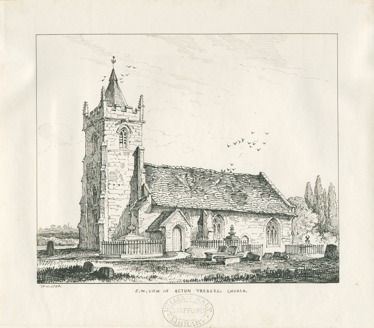 Acton Trussell Church: penn- og blekktegning, 1838 av Thomas Peploe Wood