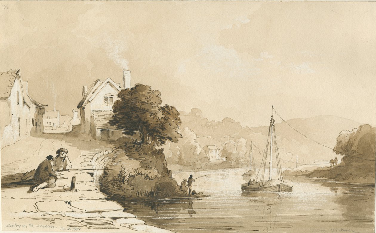 Arley - River Severn: sepia-tegning, 8. september 1837 av Thomas Peploe Wood
