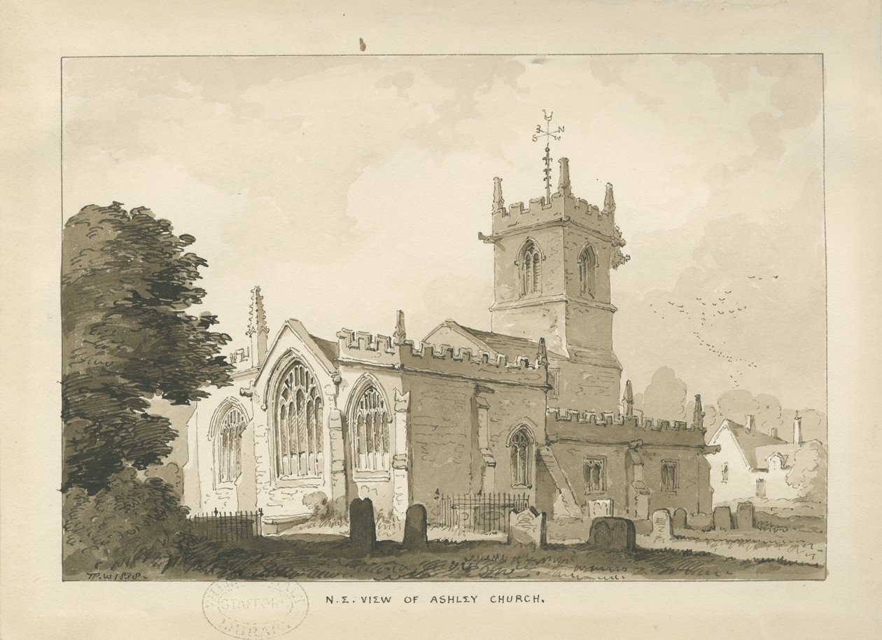Ashley Church: sepia-tegning, 1838 av Thomas Peploe Wood