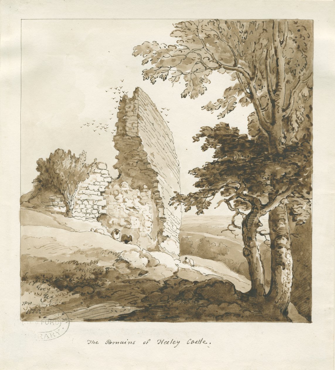 Audley - Heeley Castle: sepia-tegning av Thomas Peploe Wood