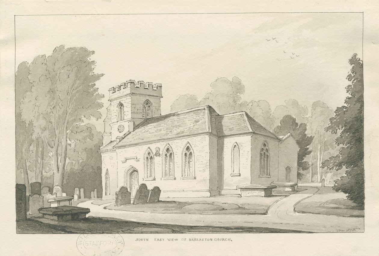 Barlaston Church: penn- og vasketegning, 1838 av Thomas Peploe Wood