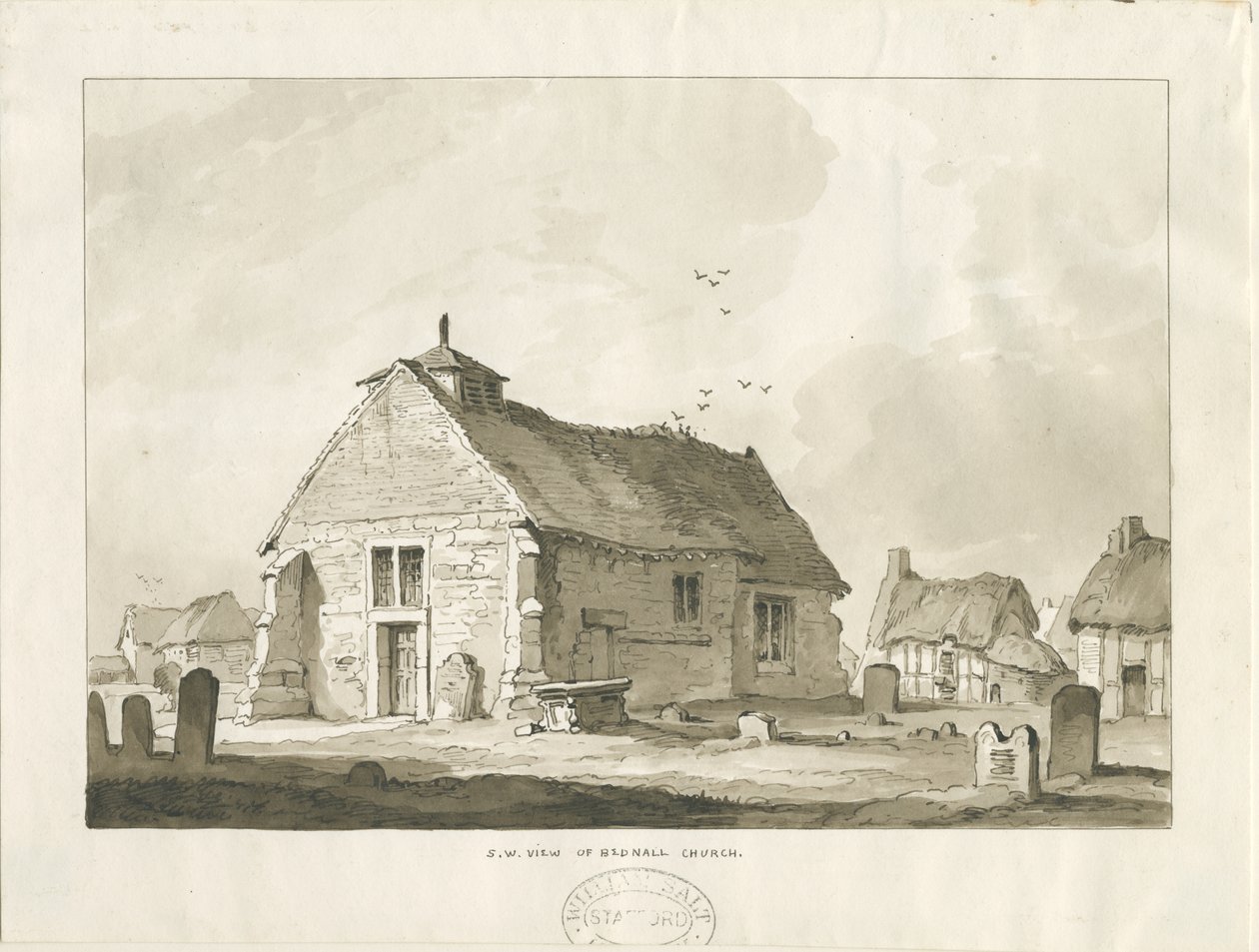 Bednall Church: sepia-tegning, nd [?1838] av Thomas Peploe Wood