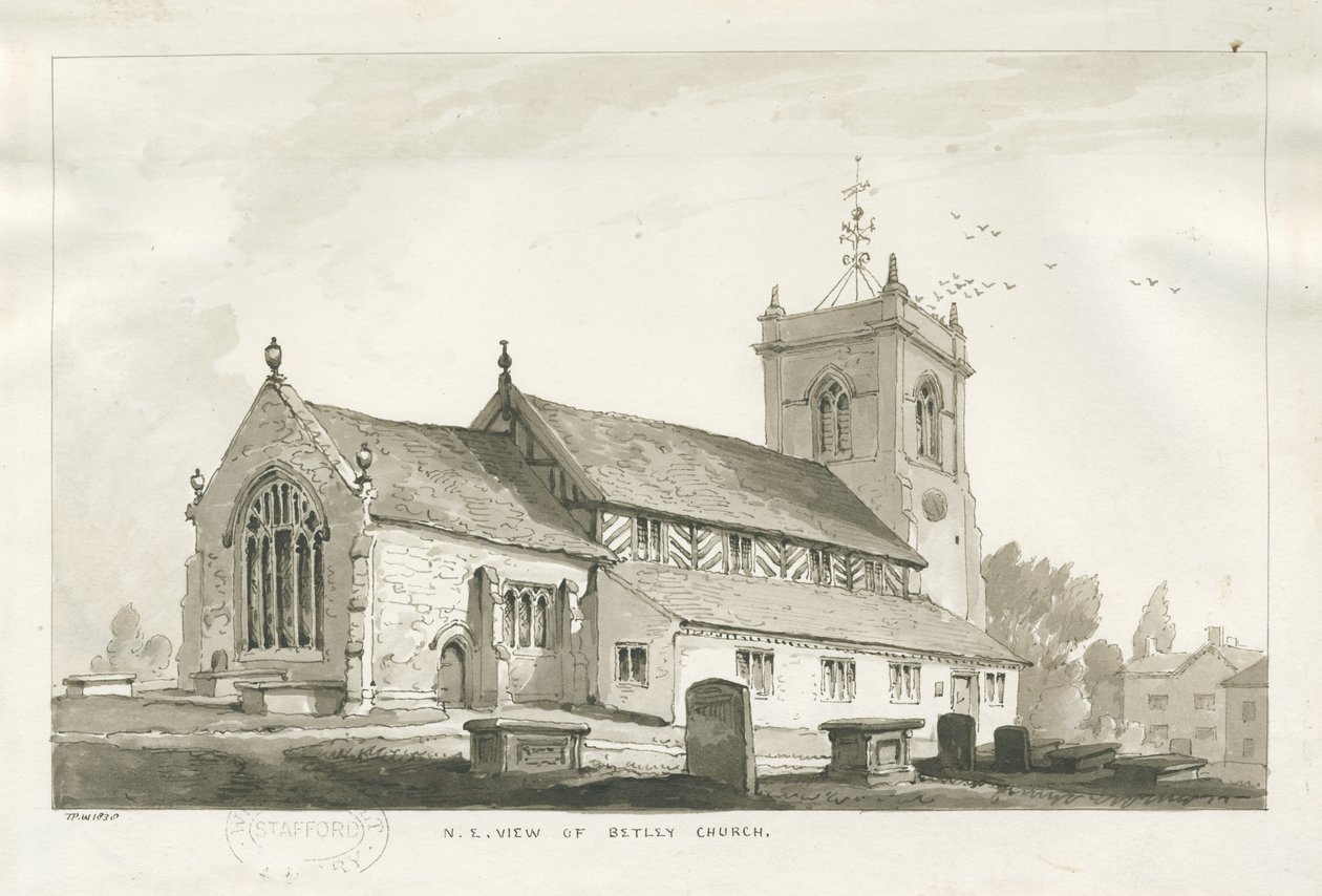 Betley Church: sepia-tegning, 1838 av Thomas Peploe Wood