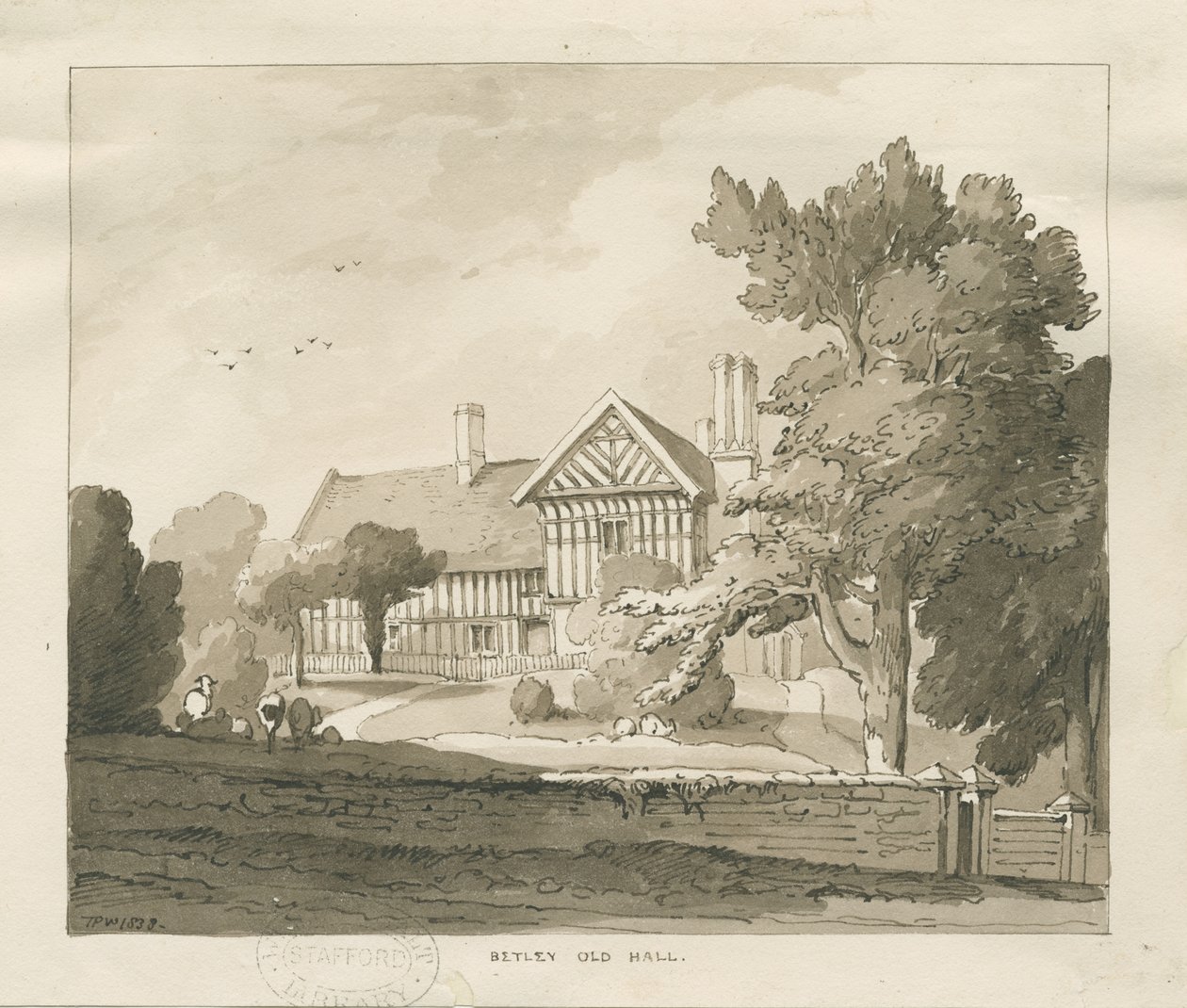 Betley Old Hall: sepia-tegning, 1838 av Thomas Peploe Wood
