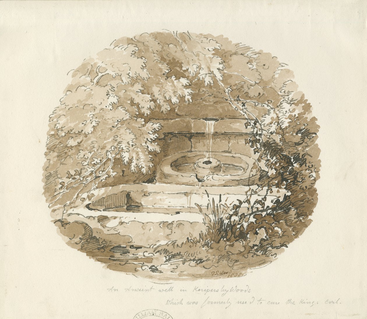 Biddulph - Ancient Well in Knypersley Woods: sepia-tegning av Thomas Peploe Wood
