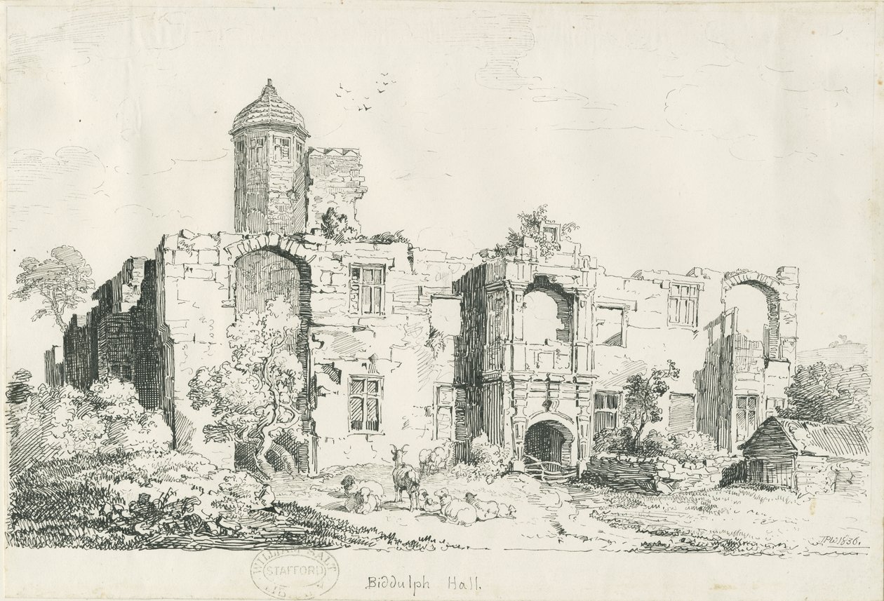 Biddulph Hall (gammel): penn- og blekktegning av Thomas Peploe Wood