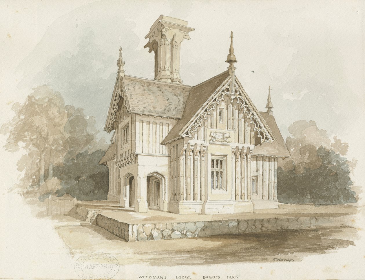 Blithfield - Lodge at Bagot Park: vannfargemaling av Thomas Peploe Wood