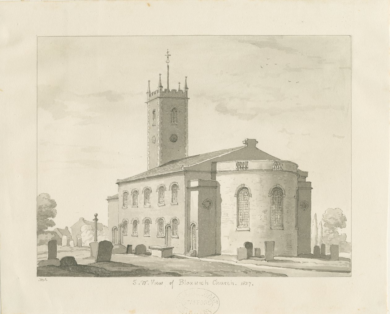Bloxwich Church: sepia-tegning, 1837 av Thomas Peploe Wood