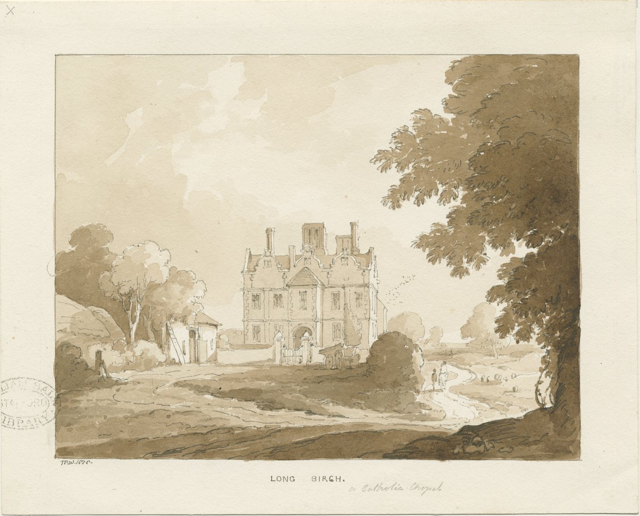 Brewood - Long Birch Hall: sepia-tegning, 1838 av Thomas Peploe Wood