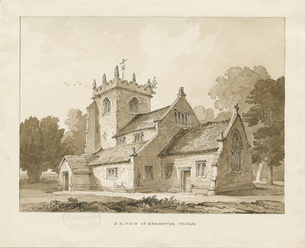 Broughton Church: sepia-tegning, 1838 av Thomas Peploe Wood