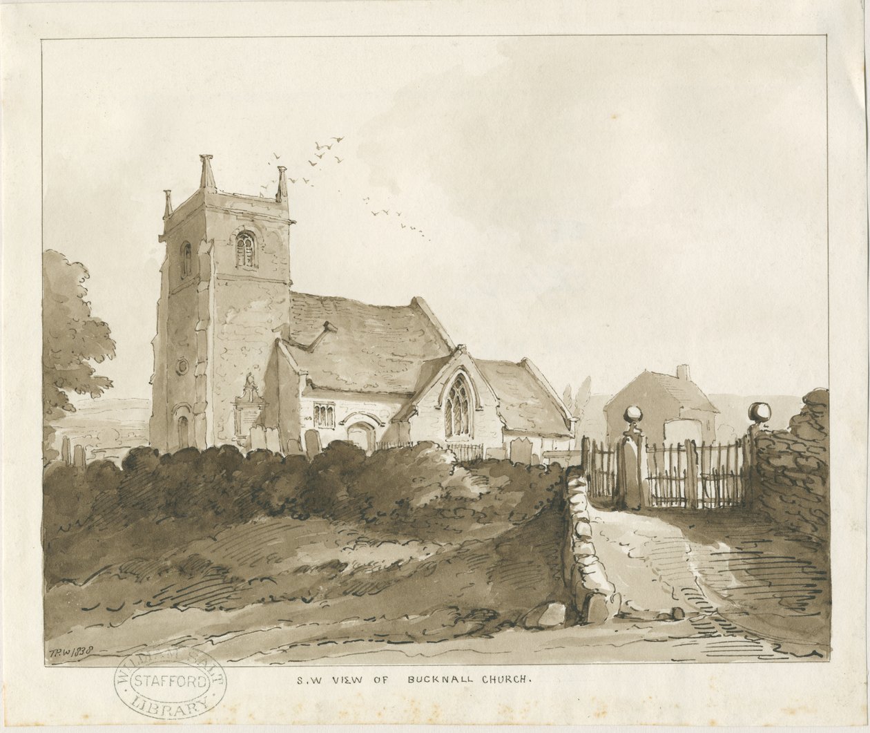 Bucknall Church: sepia-tegning av Thomas Peploe Wood