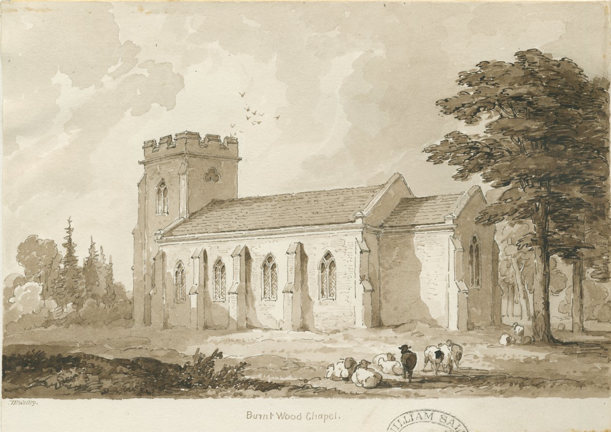 Burntwood - Christ Church: sepia-tegning av Thomas Peploe Wood
