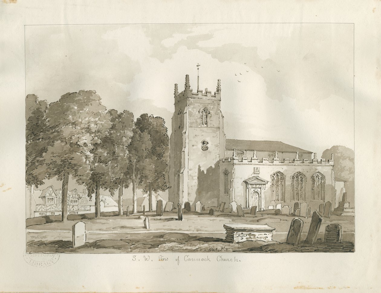Cannock kirke: sepia tegning av Thomas Peploe Wood