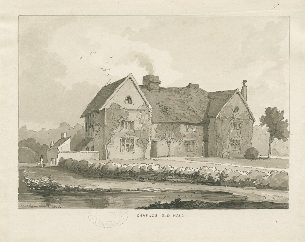 Charnes Hall: sepia-tegning av Thomas Peploe Wood