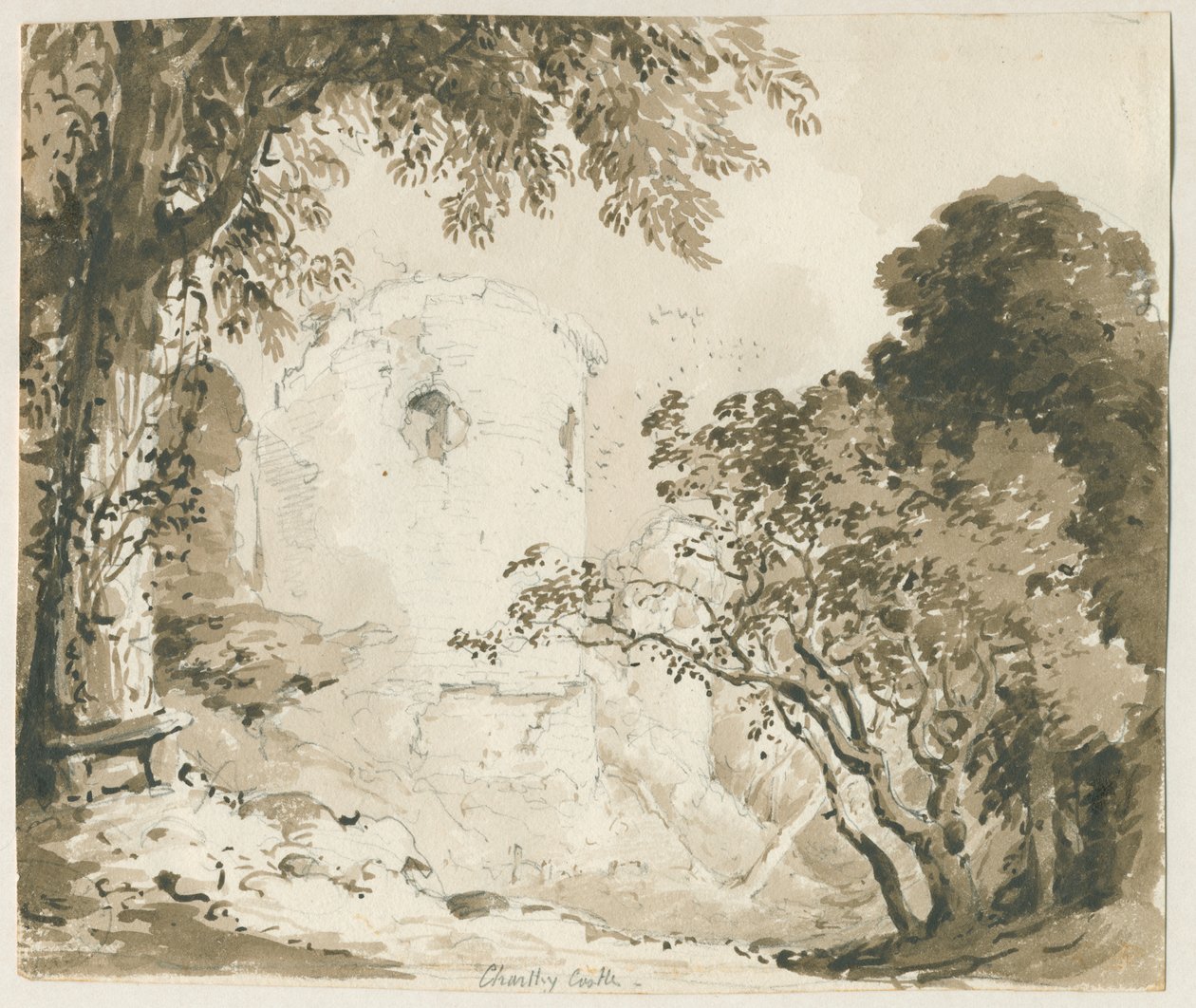 Chartley Castle: blyant- og vasketegning, nd [1837-1838] av Thomas Peploe Wood