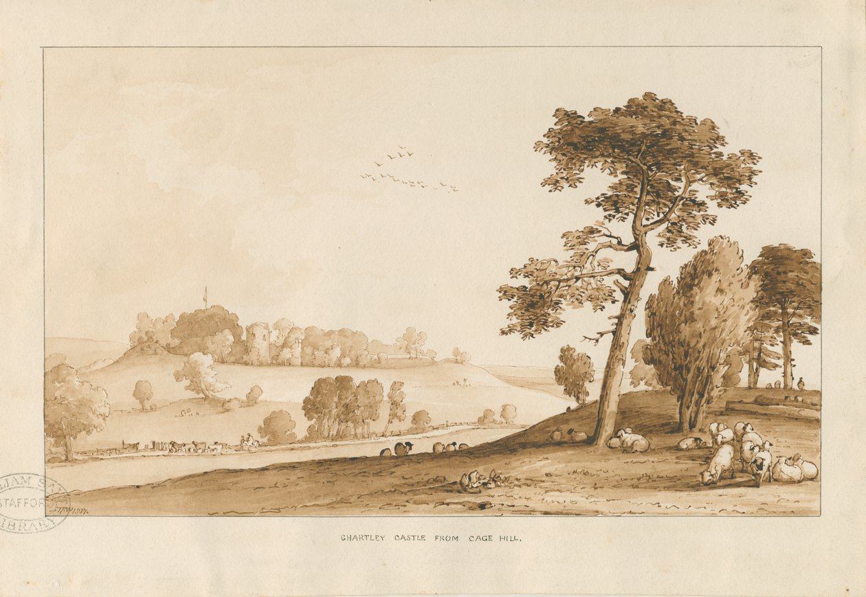 Chartley Castle: sepia vasketegning, 1837 av Thomas Peploe Wood