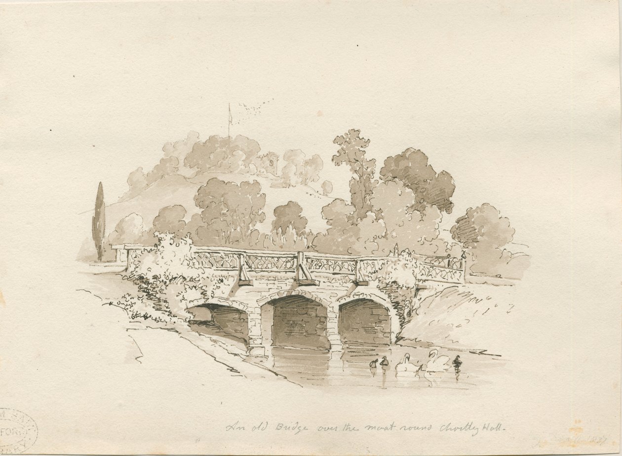 Chartley Hall: penn og vask skisse, 1837 av Thomas Peploe Wood