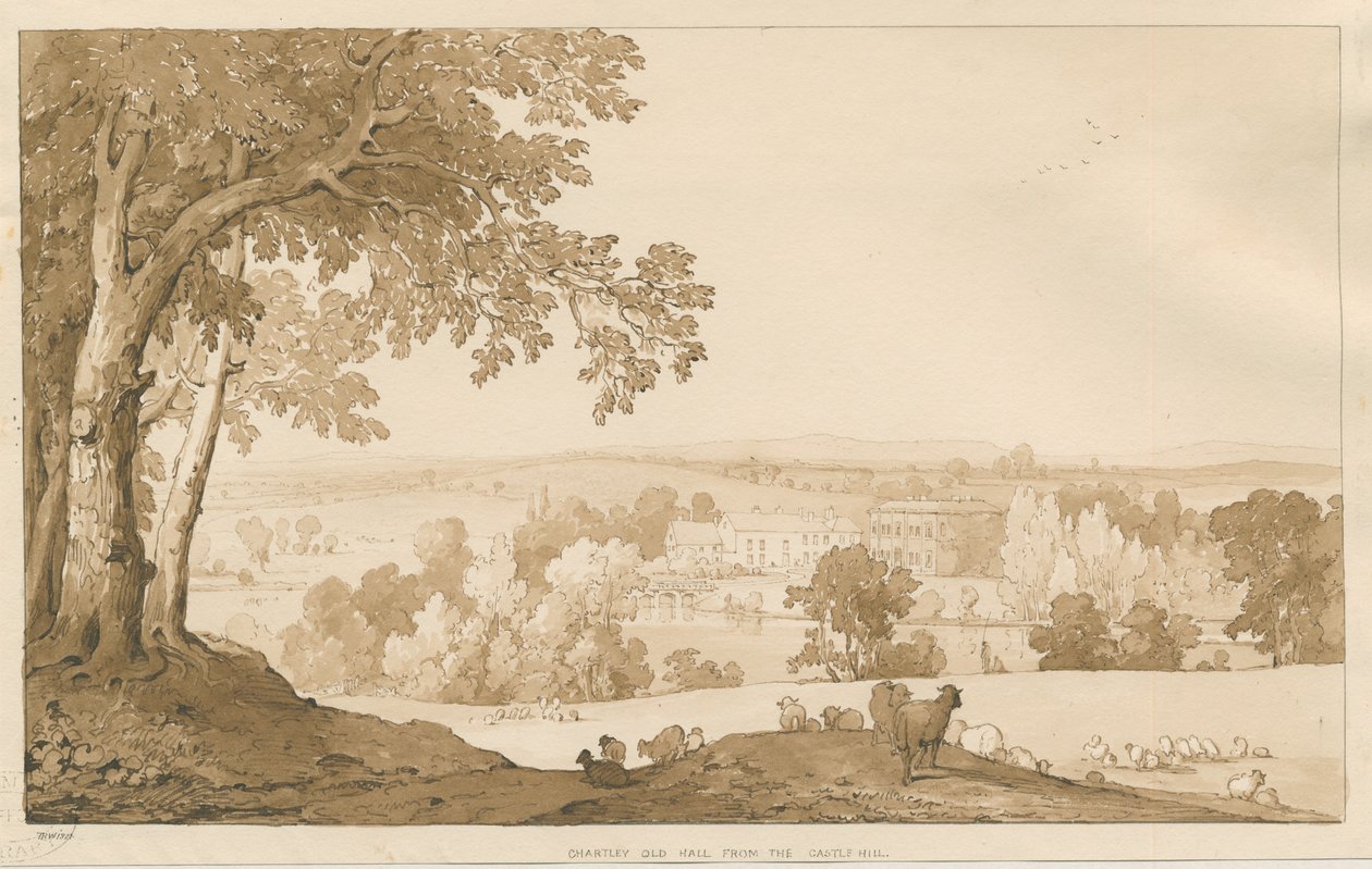 Chartley Hall: sepia-tegning, 1837 av Thomas Peploe Wood
