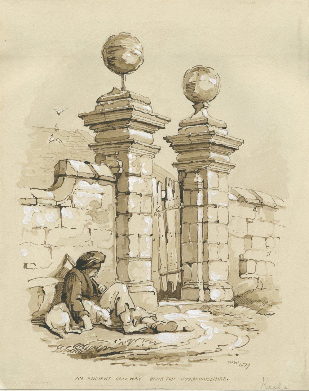 Colwich - Ancient Gateway at Bank Top: sepia-tegning av Thomas Peploe Wood