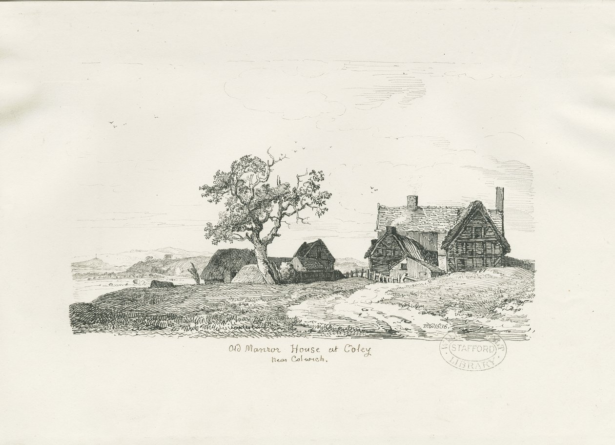 Colwich - Old Manor House at Coley: penn- og blekktegning, 1836 av Thomas Peploe Wood