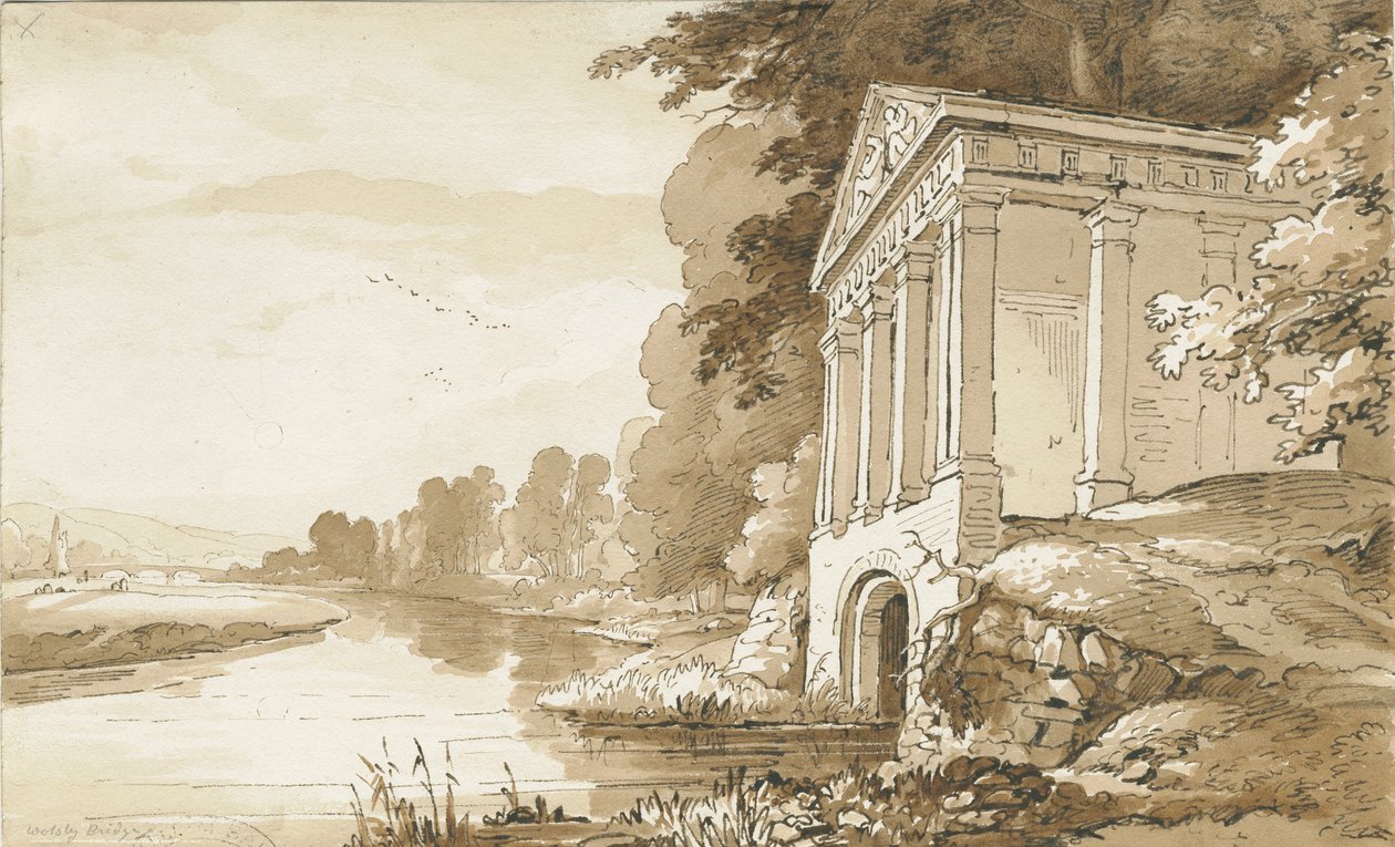 Colwich - Temple nær Wolseley Bridge: sepia vask tegning, nd [1837-1838] (tegning) av Thomas Peploe Wood