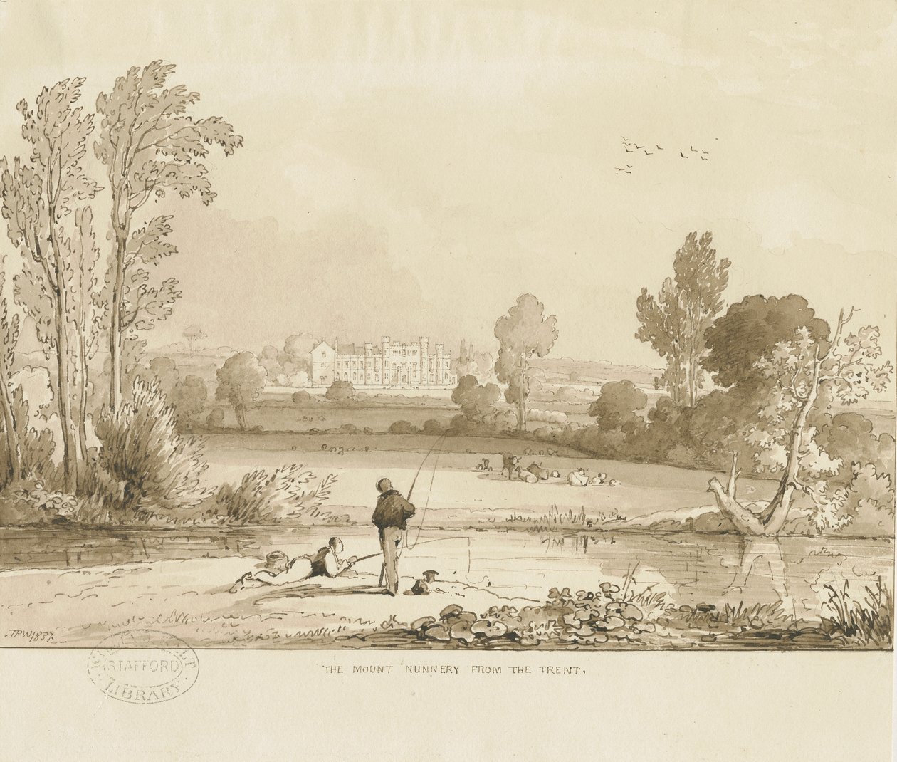 Colwich - The Mount Nunnery: sepia vasketegning, 1837 av Thomas Peploe Wood