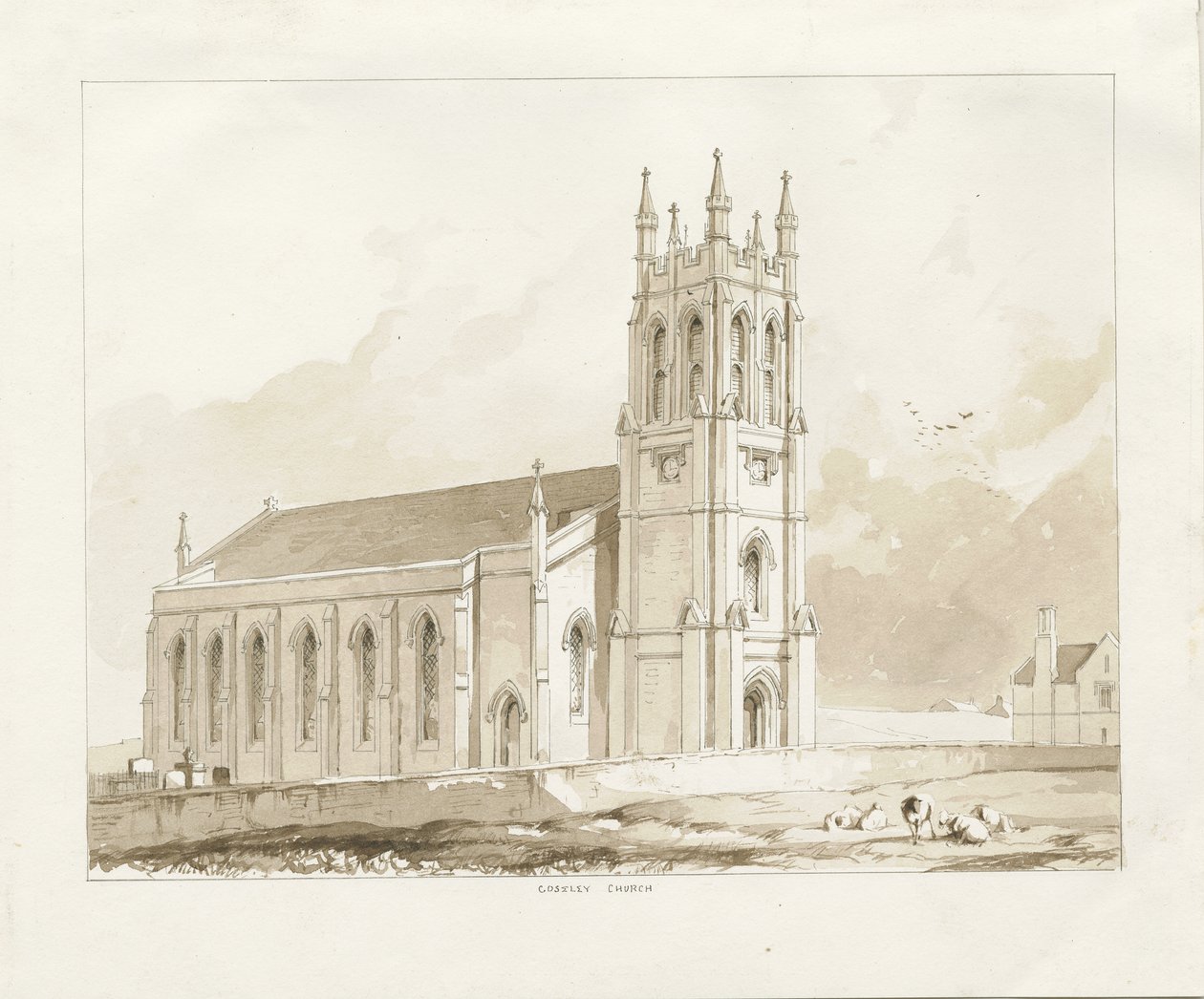 Coseley Church: sepia vasketegning, nd [1841] av Thomas Peploe Wood