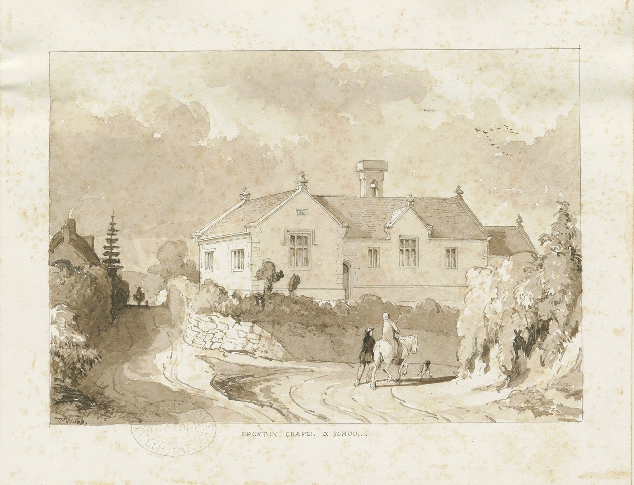 Croxden - Kapell og skole: sepia vask tegning, nd [1817-1845] (tegning) av Thomas Peploe Wood