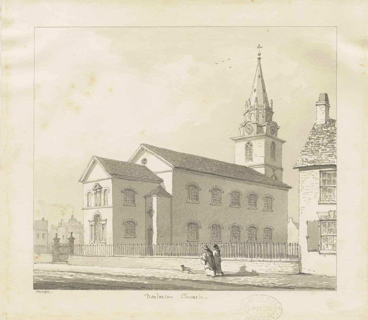 Darlaston Church: sepia-tegning, 1836 av Thomas Peploe Wood