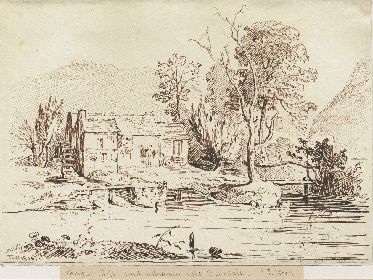Dovedale - Thorpe Mill: penn- og sepia-tegning av Thomas Peploe Wood