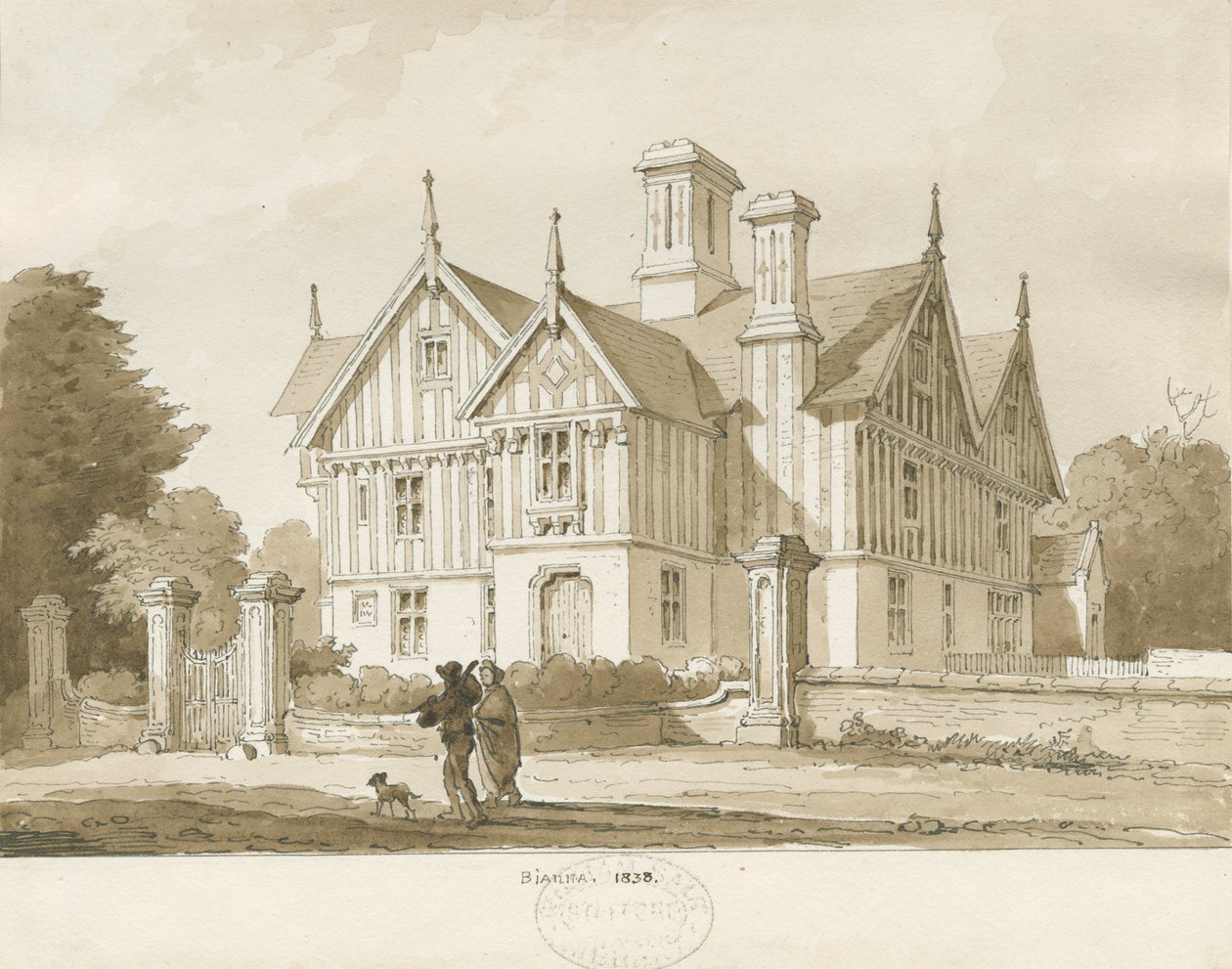 Eccleshall - Biana Hall: sepia-tegning, 1838 av Thomas Peploe Wood