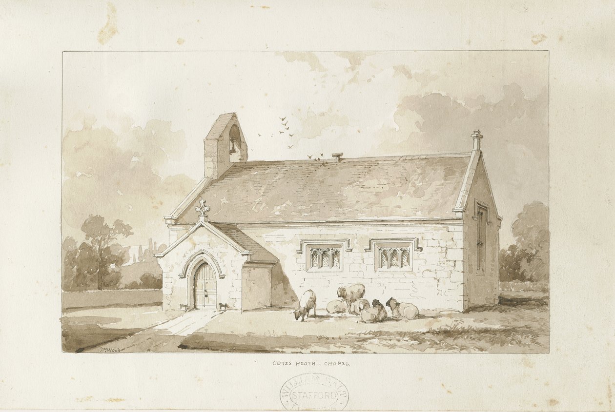 Eccleshall - Cotes Heath Chapel: sepia vask tegning, nd [1817-1845] av Thomas Peploe Wood