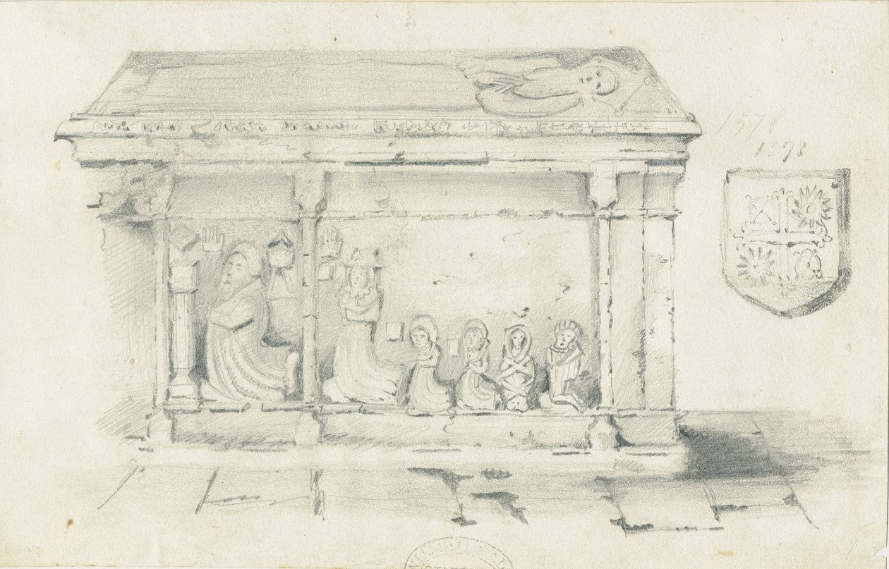 Eccleshall Church - Biskop Benthams grav: blyanttegning, nd [1817-1845] av Thomas Peploe Wood