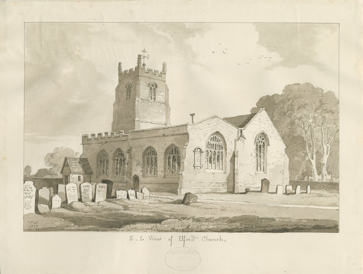 Elford Church: sepia-tegning, 1837 av Thomas Peploe Wood